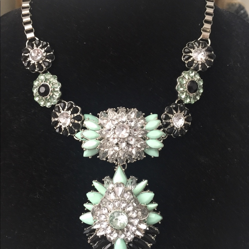 Silver Necklace with Green, Black & Clear Crystals